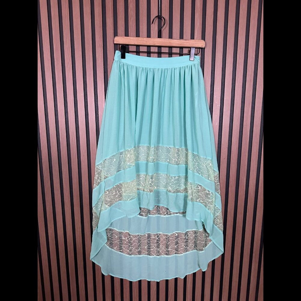 Xtaren Skirt OS Womens Blue Turquois Sheer Lace Trim High Low Metallic Trim Midi